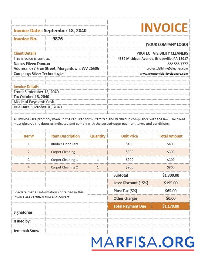 Printable Cleaning Service Invoice Form Template